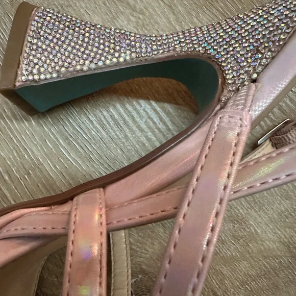 BETSEY JOHNSON Pink Pacey Heels US 7 Strappy Heel Crystal Embellished 90s RARE - Picture 5 of 11